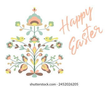 Feliz diseño de Pascua con flores y pájaros en el árbol de la vida. Árbol de la vida floreciente, pollito pájaro, flor de primavera. Ornamento zoomorfo floral de estilo étnico. Abstractas flor de primavera en brote. tarjeta de Festiva