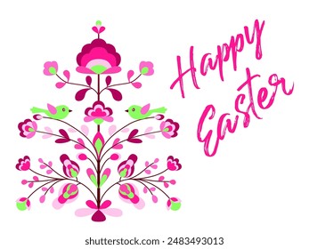 Happy Easter design with flowers and birds on tree of life. Blooming life tree, small birds, spring blossom. Ethnic style floral zoomorphic ornament. Abstract spring blossom on twigs. Easter plant