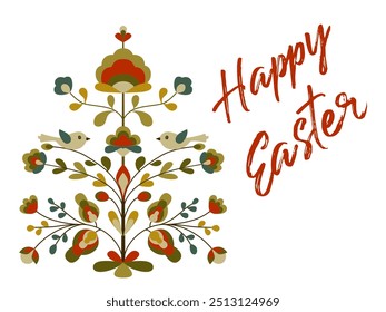 Happy Easter design with flowers and birds on tree of life. Blooming life tree, small birds, spring blossom. Ethnic style floral zoomorphic ornament. Abstract spring blossom on branches. Easter card