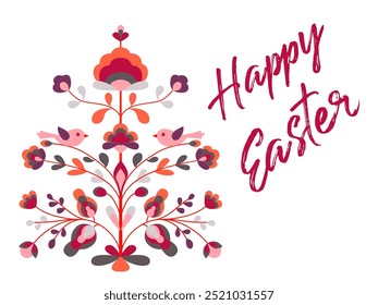 Happy Easter design with flowers and birds on tree of life. Blooming life tree, chicken, spring blossom. Ethnic style floral zoomorphic ornament. Abstract spring blossom on twigs. Holiday card