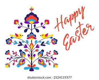 Happy Easter design with flowers and birds on tree of life. Blooming life tree, chick bird, spring flowers. Ethnic style floral zoomorphic ornament. Abstract spring blossom on twigs. Easter card