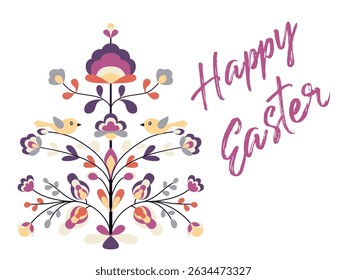 Happy Easter design with flowers and birds on tree of life. Blooming life tree, small birds, spring flowers. Folk style floral zoomorphic ornament. Abstract spring blossom on sprout. Easter symbol