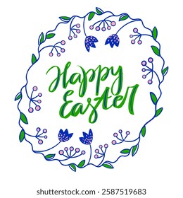 Happy Easter design with flowers, floral wreath and hand drawn calligraphy