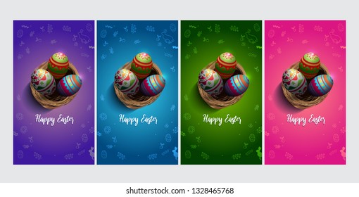 happy easter design with full colors illustration and beautiful lettering also doodle hand drawn as a background pattern. Best as greeting card and stories for social media - Vector