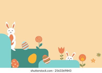 Happy easter design with geometric elements and playful rabbits. Geometry easter background.