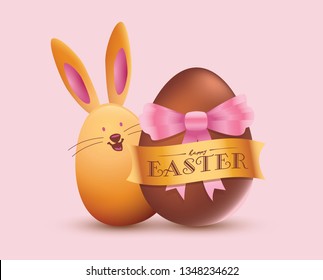 Happy easter design, golden easter logo elements, cartoon bunny, colorful ribbons. Vector illustration greeting card, ad, promotion, poster, flyer, web-banner, article