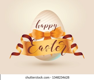 Happy easter design, golden easter logo elements, colorful ribbons. Vector illustration greeting card, ad, promotion, poster, flyer, web-banner, article