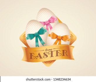 Happy easter design, golden easter logo elements, colorful ribbons. Vector illustration greeting card, ad, promotion, poster, flyer, web-banner, article