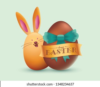 Happy easter design, golden easter logo elements, cartoon bunny, colorful ribbons. Vector illustration greeting card, ad, promotion, poster, flyer, web-banner, article