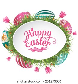 Happy Easter design with grass and tulips EPS 10 vector royalty free stock illustration for greeting card, ad, promotion, poster, flyer, blog, article