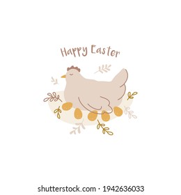 Happy Easter design. Hand drawn composition with chicken in nest and eggs. Vector template for greeting cards, banners, posters.