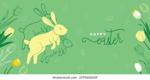 Happy Easter design with hand drawn cute rabbit, line art flowers and eggs on the background. Playful font mix for Easter banners and visuals. 
