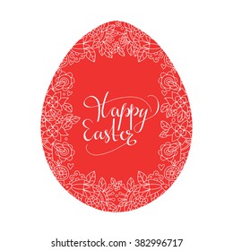 Happy Easter design isolated. Calligraphic text, lettering, egg with pattern, flowers