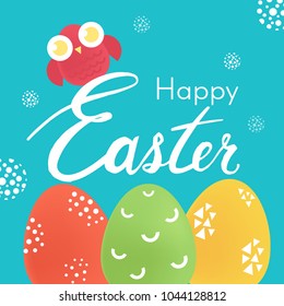 Happy easter design kids background with lattering. Colorfull eggs with bird vector illustration eps 10.