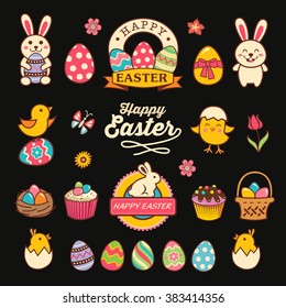 Happy easter design with labels, icons and decorative elements collection 