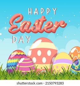 Happy Easter design with many eggs in garden illustration