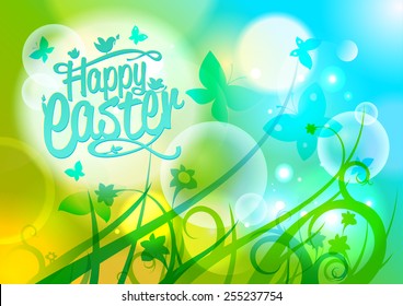 Happy Easter design on a spring background with butterflies and flowers.