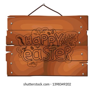 Happy Easter design on wooden plank background. happy easter label isolated icon. vector illustration hand drawn.
