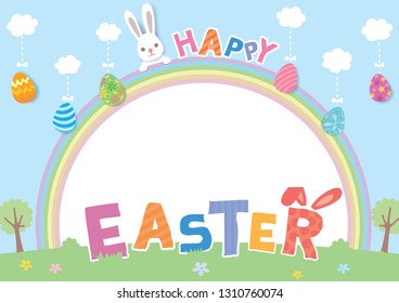 Happy Easter design with painted eggs colorful and  rainbow frame on nature background.