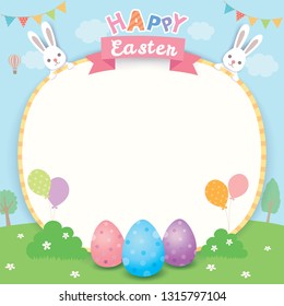 Happy Easter design with painted eggs  on natrue background.