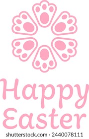 Happy Easter design. Pink text and bunny feet.