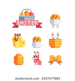 Happy Easter design. Pixel art icons set. Greeting card with rabbit, bunny, eggs and chicken. Isolated vector illustration. 