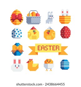 Happy Easter design pixel art icons set. Greeting card with rabbit, bunny, eggs and chicken. Isolated vector illustration.	