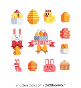 Feliz Pascua diseño pixel art iconos conjunto. Tarjeta de felicitación con conejo, conejito, huevos y pollo. Ilustración aislada del vector.	