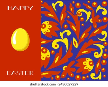 Happy Easter.  Easter design of poster, booklet, greeting card, for website, cover with golden egg on red background and ornament.