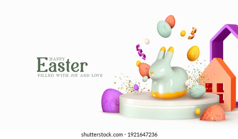 Happy Easter. Design Rabbit with Eggs. Festive spring 3d composition. Realistic stage, podium, holiday studio. Minimal background. Modern Creative template. Banner and poster, cover and brochure