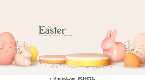 Happy Easter. Design Rabbit with Eggs. Festive spring 3d composition. Realistic stage, podium, holiday studio. Minimal background. Modern Creative template. Banner and poster, cover and brochure