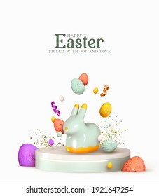 Happy Easter. Design Rabbit with Eggs. Festive spring 3d composition. Realistic stage, podium, holiday studio. Minimal background. Modern Creative template. Banner and poster, cover and brochure