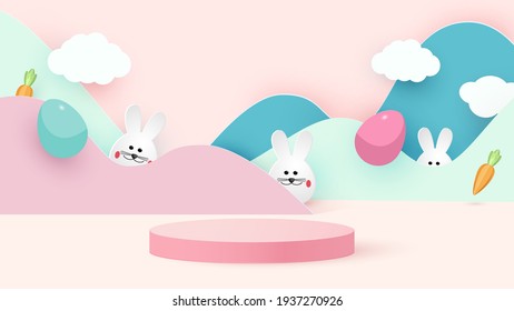 Happy easter. Design Rabbit with eggs. Festive spring 3d composition. Realistic stage, catwalk, festive studio. Minimal background. Modern creative template.Vector illustration