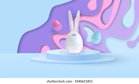 Frohe Ostern! Kaninchen mit Eiern entwerfen. Festliche Frühlingszusammensetzung 3d. Realistische Bühne, Laufsteg, festliches Studio. Minimaler Hintergrund. Modern Creative Template.Vektorgrafik