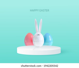 Happy easter. Design Rabbit with eggs. Festive spring 3d composition. Realistic stage, catwalk, festive studio. Minimal background. Modern creative template.Vector illustration