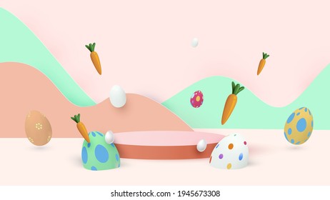 Happy easter. Design Rabbit with eggs. Festive spring 3d composition. Realistic stage, catwalk, festive studio. Minimal background. Modern creative template.Vector illustration