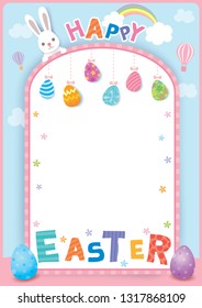 Happy Easter  design with rabbit and painted eggs on nature background