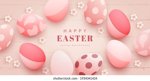 Happy Easter design with realistic eggs and flowers. Festive spring 3d composition. Colorful background for banner and poster, cover and brochure