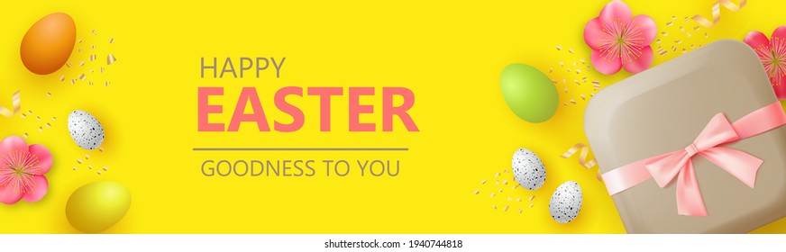 Happy Easter design with realistic pink gift box, Easter multicolored eggs and spring flowers on the yellow background. Horizontal banner template, web poster, flyer, greeting card