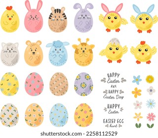 Happy Osterdesign Set einzeln auf weißem Hintergrund für Frühlings- und Ostergrußkarten und Einladungen. Hühner, Eier, Blumen, süße kleine Figuren, bunnies, Lamm, Schrift, handgezeichnet Elemente.