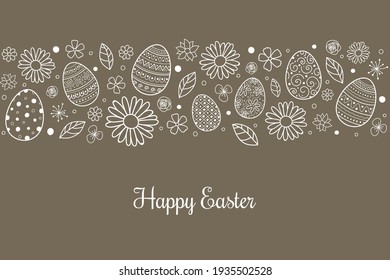 Happy Easter. Design of simple card with eggs and flowers. Vector
