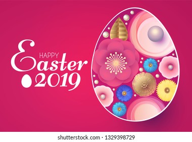 Happy Easter Design Template with Colorful Egg, Decorated with Spring Flowers. Vector illustration