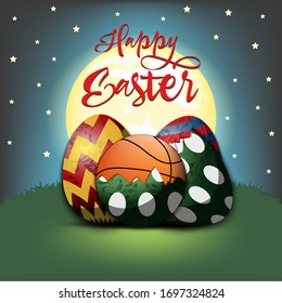 Happy Easter. Easter design template. Easter eggs and basketball ball hatched from an egg on an isolated background. Pattern for greeting card, banner, poster, invitation. Vector illustration