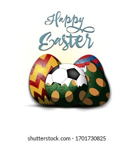 Happy Easter. Easter design template. Easter eggs and soccer ball hatched from an egg on an isolated background. Pattern for greeting card, banner, poster, invitation. Vector illustration