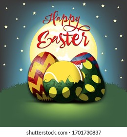 Happy Easter. Easter design template. Easter eggs and tennis ball hatched from an egg on an isolated background. Pattern for greeting card, banner, poster, invitation. Vector illustration