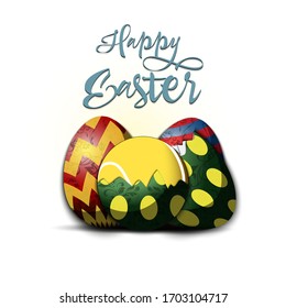 Happy Easter. Easter design template. Easter eggs and tennis ball hatched from an egg on an isolated background. Pattern for greeting card, banner, poster, invitation. Vector illustration