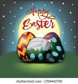Happy Easter. Easter design template. Easter eggs and volleyball ball hatched from an egg on an isolated background. Pattern for greeting card, banner, poster, invitation. Vector illustration