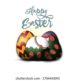 Happy Easter. Easter design template. Easter eggs and baseball ball hatched from an egg on an isolated background. Pattern for greeting card, banner, poster, invitation. Vector illustration