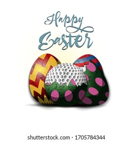 Happy Easter. Easter design template. Easter eggs and golf ball hatched from an egg on an isolated background. Pattern for greeting card, banner, poster, invitation. Vector illustration