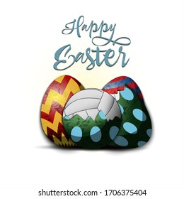 Happy Easter. Easter design template. Easter eggs and volleyball ball hatched from an egg on an isolated background. Pattern for greeting card, banner, poster, invitation. Vector illustration